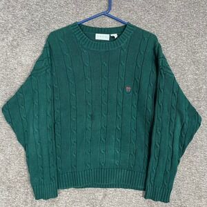 IZOD Cable Knit Sweater Cotton Green Crew Neck Pullover Classic Large‎ VTG